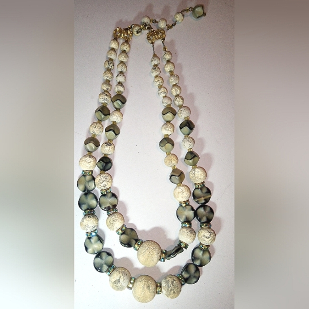 Hobe Two Strand Necklace Dark Blue, Green and Creams.